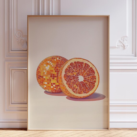 Fruit Disco Ball Print Orange Citrus Cute Wall Art Pink Kitchen Retro Oranges