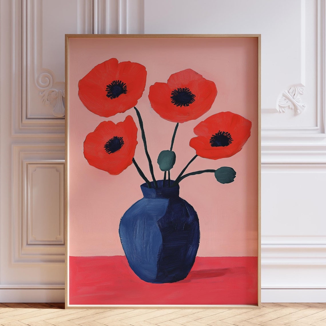Red Poppies in Blue Vase Bold Modern Floral Still Life Poster