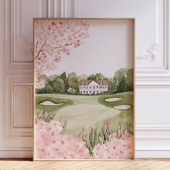 Pink Cherry Blossom Golf Course Clubhouse Watercolor Sports Print