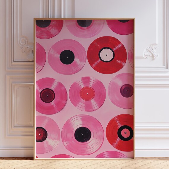 Pink Vinyl Records Grid Pattern Retro Music Room Decor Poster