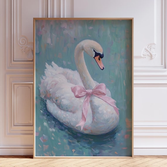 Blue Swan Print With Bow Vintage Watercolor Wall Art Nursery Coquette Animal
