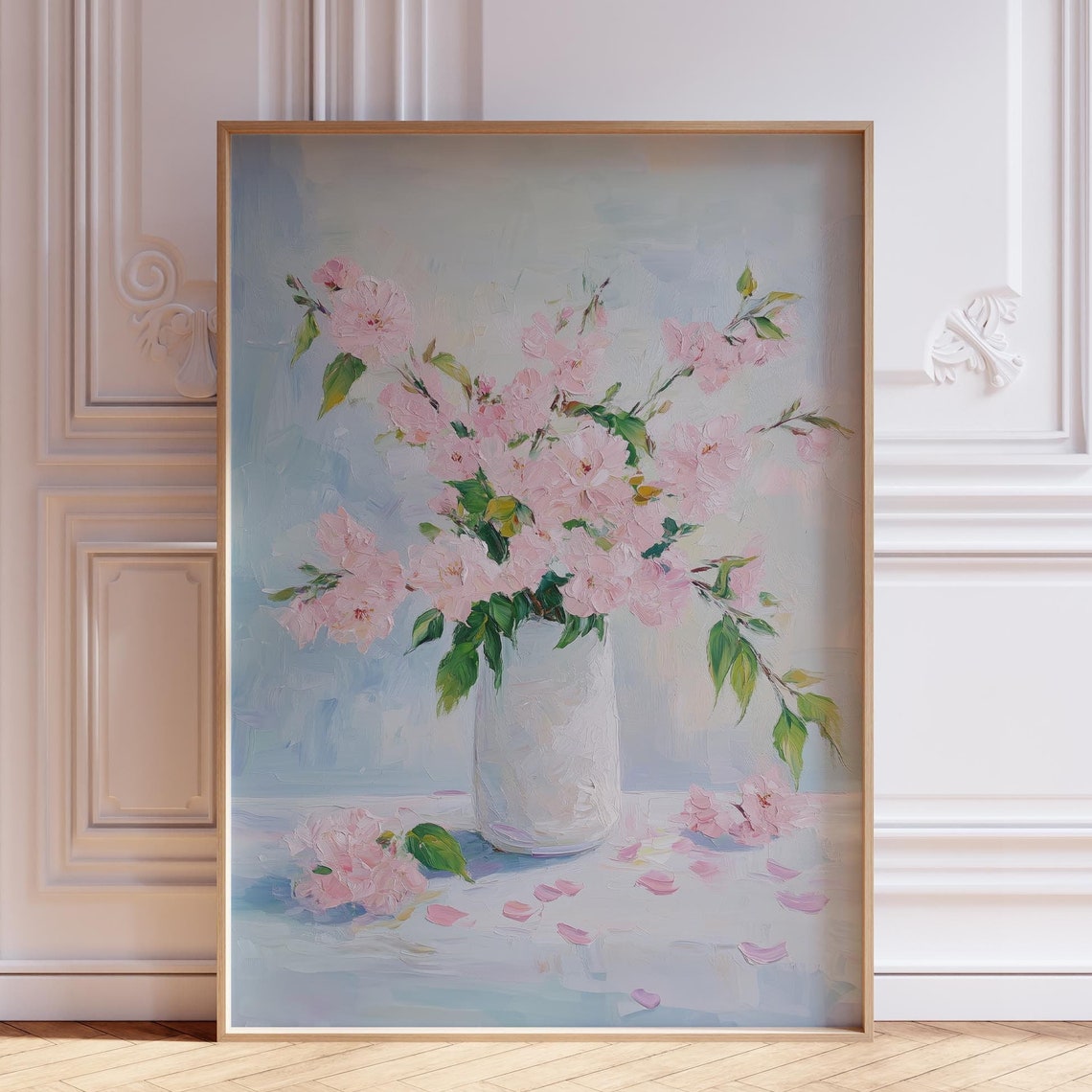 Sparse Pink Cherry Blossom Branches in White Vase Oil Poster