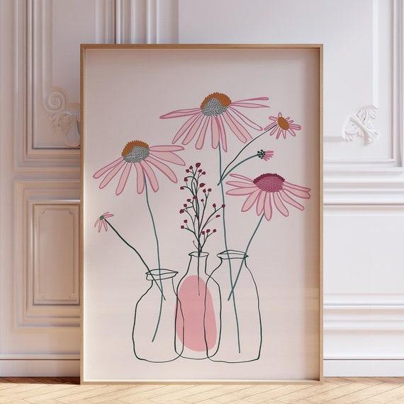 Pink Floral Poster Boho Print Minimalist Flower Nursery Market Picture