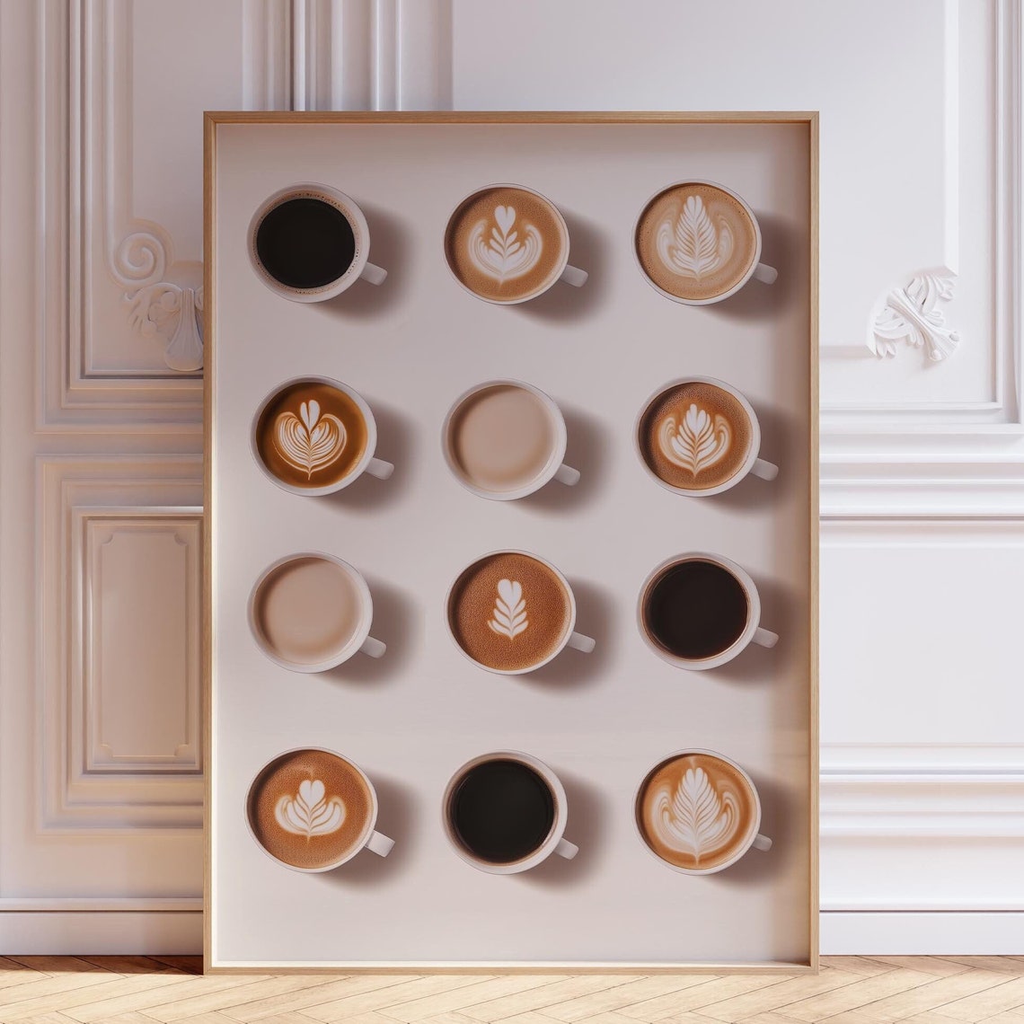 Twelve Coffee Cups Latte Art Grid Minimalist Kitchen Wall Art