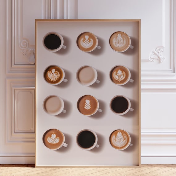 Twelve Coffee Cups Latte Art Grid Minimalist Kitchen Wall Art