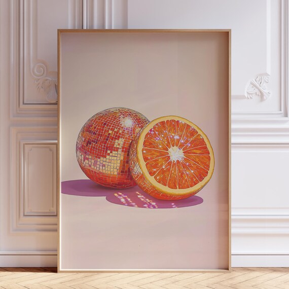 Fruit Disco Ball Print, Retro Orange Citrus Art Print