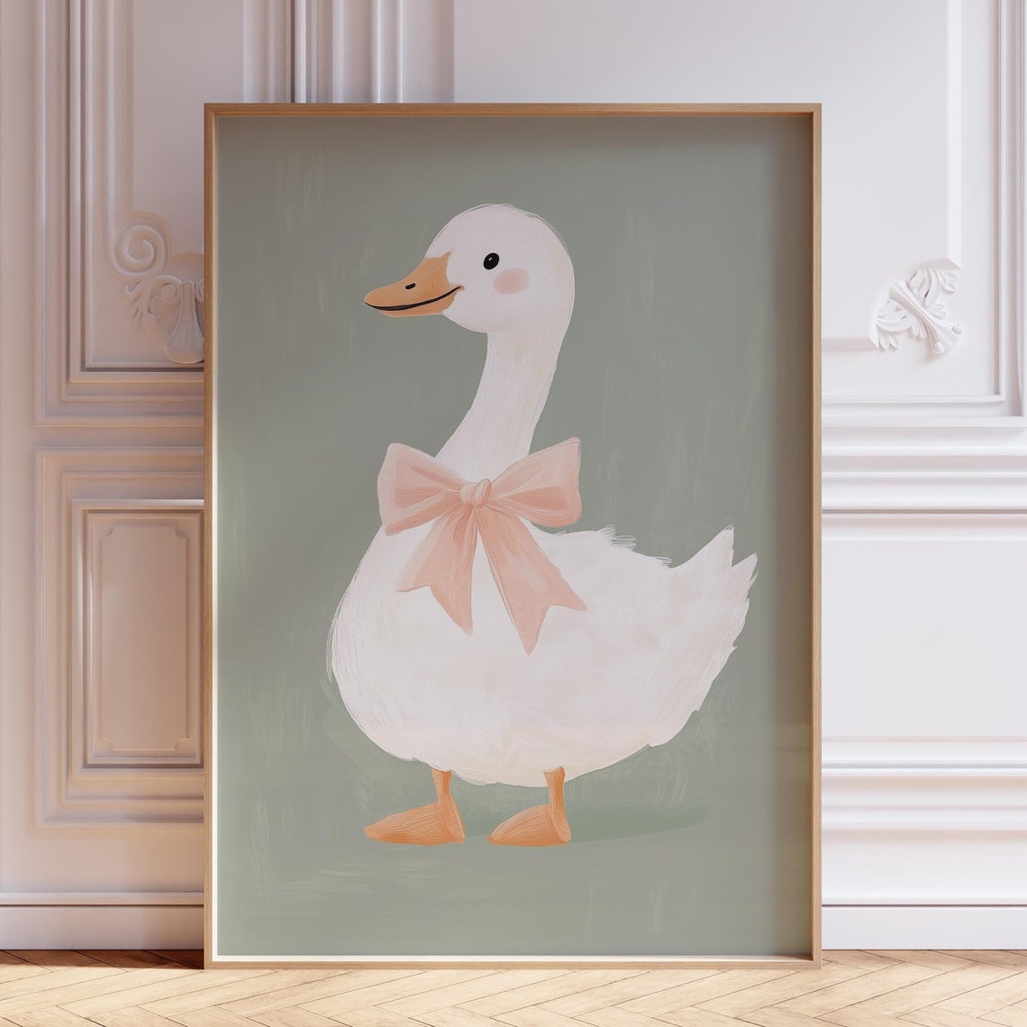Chubby White Goose Wearing Blush Bow Sage Nursery Art Poster
