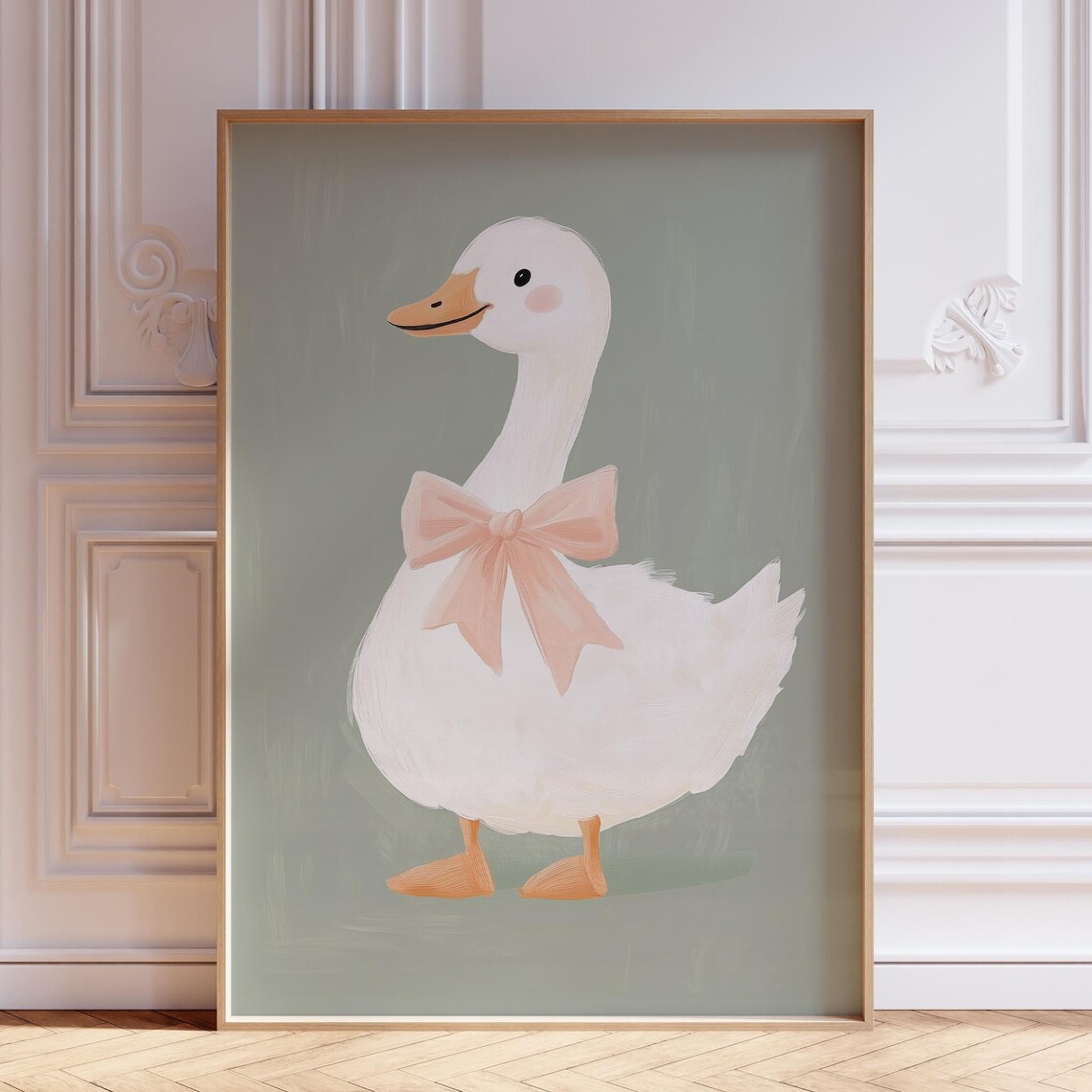 Silly Goose Wearing a Pink Bow Sage Green Nursery Wall Poster