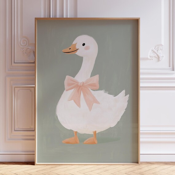 Silly Goose Print With Bow Farm Animal For Nursery Sage Green Wall Art Poster Cute