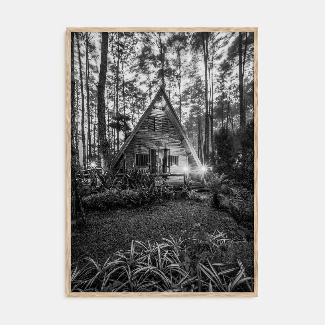 Glowing A-Frame Wooden Cabin in Dark Pine Forest Night Poster