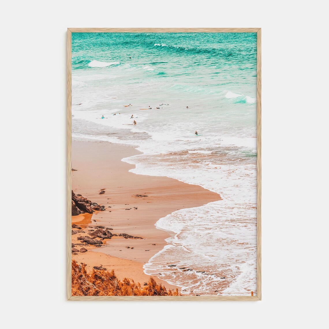 Aerial View of Surfers on Turquoise Beach Ocean Coast Poster