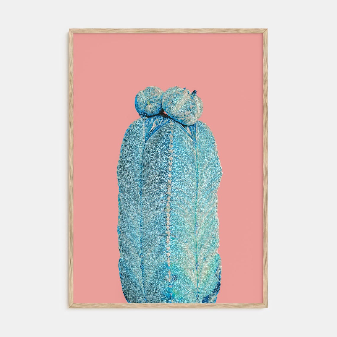 Blue Cactus on Blush Pink Background Modern Botanical Poster
