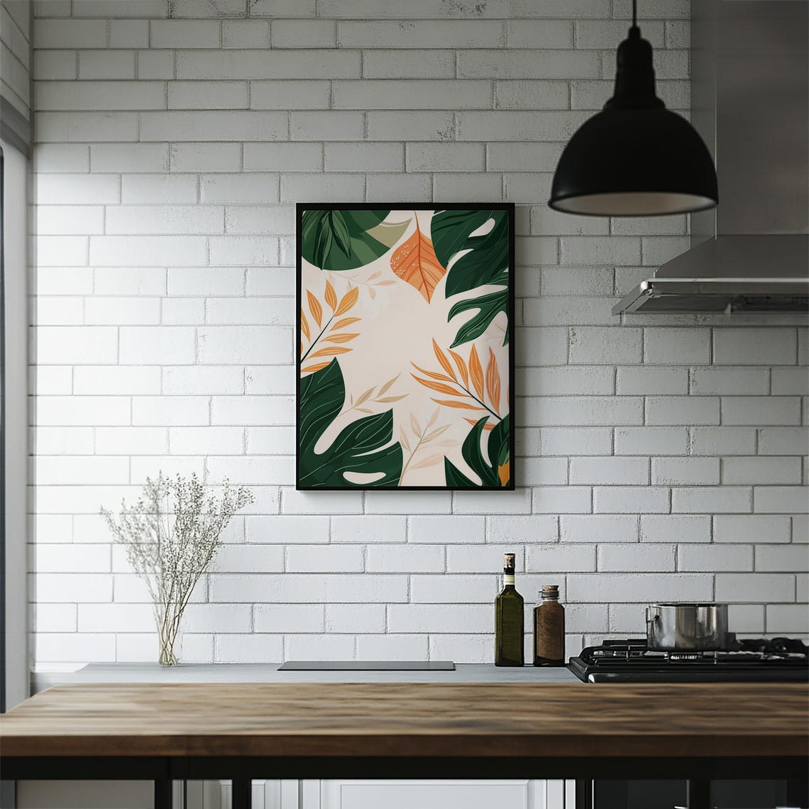 Green Orange Tropical Leaves Modern Botanical Abstract Wall Art - Image 5