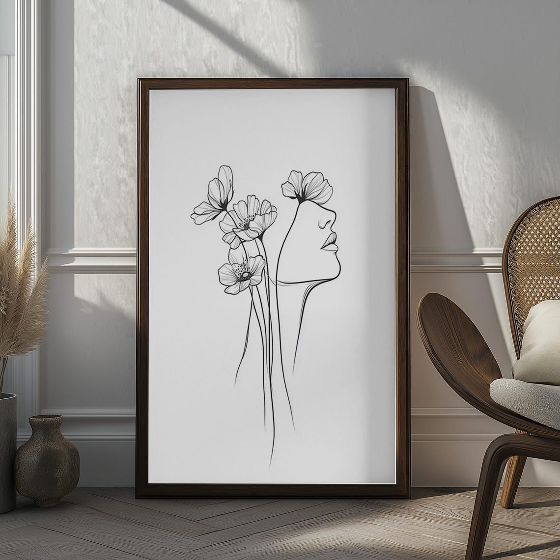 Minimalist Woman Profile Floral Line Art Sketch Drawing Poster