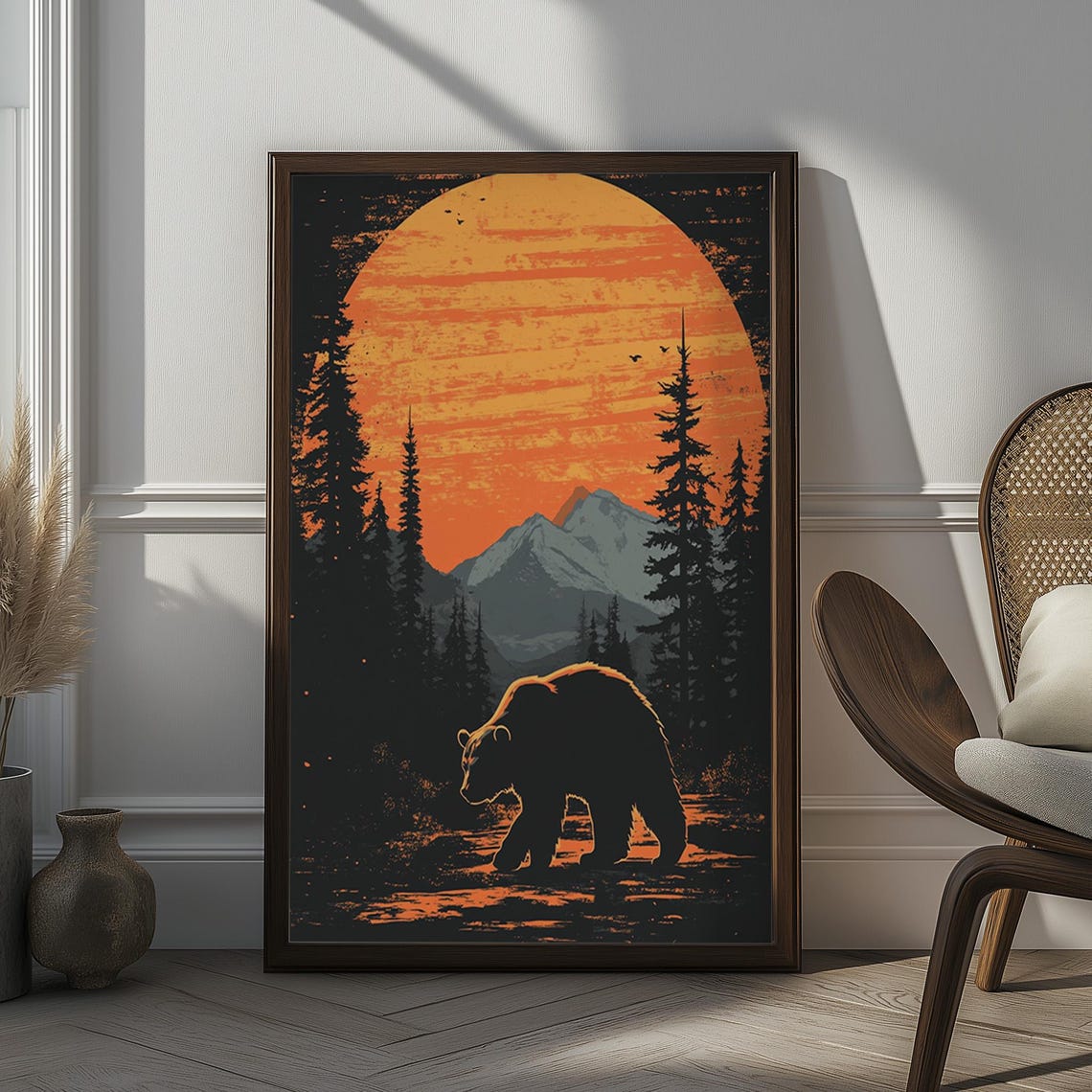 Bear Silhouette at Sunset Over Mountain Forest Rustic Cabin Poster