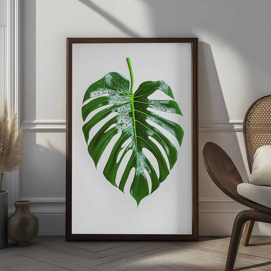 Single Green Monstera Leaf on White Minimal Botanical Art Poster
