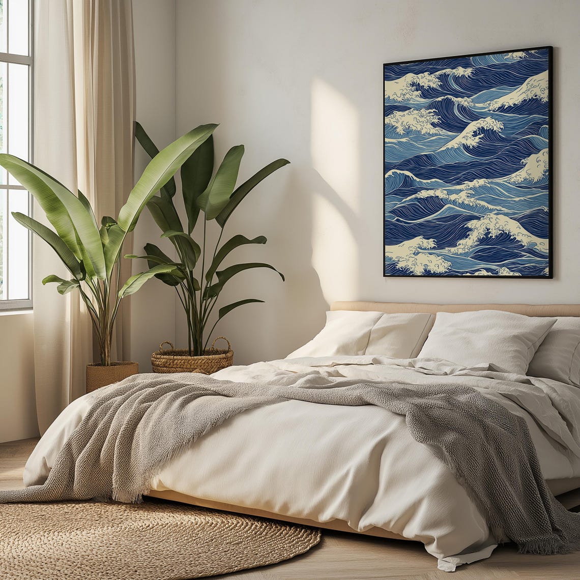 Japanese Blue Ocean Wave Pattern Traditional Ukiyo Inspired Wall Art - Image 5