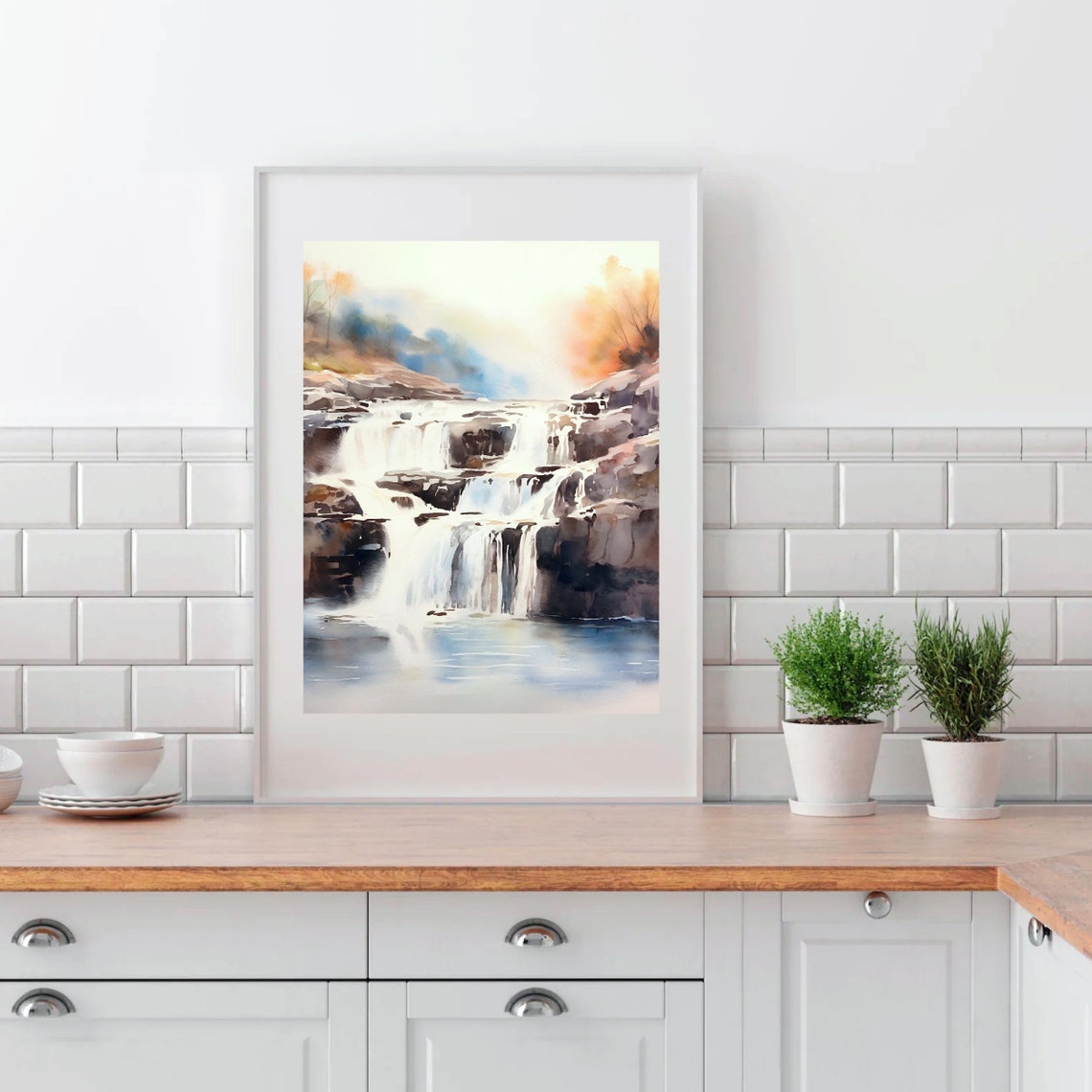 Layered Waterfall Cascades Over Rocks Misty Watercolor Poster - Image 4