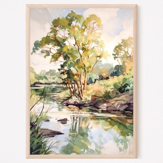 Rural River Watercolor Painting Art Print Summer Country Landscape Wall Art Rustic Nature Poster Home Decor Gift Art