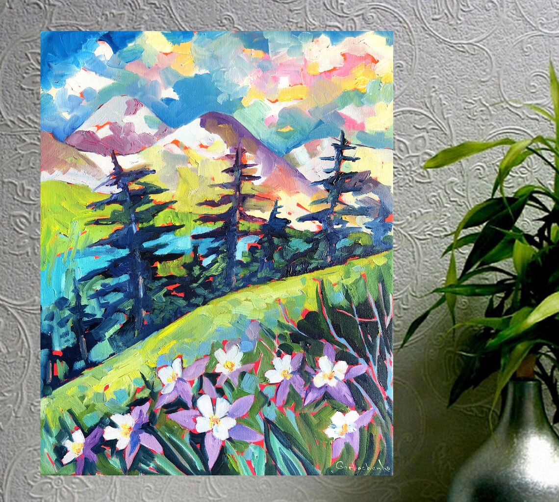 Colorful Mountain Meadow Oil Painting with Pines and Wildflowers Poster - Image 5