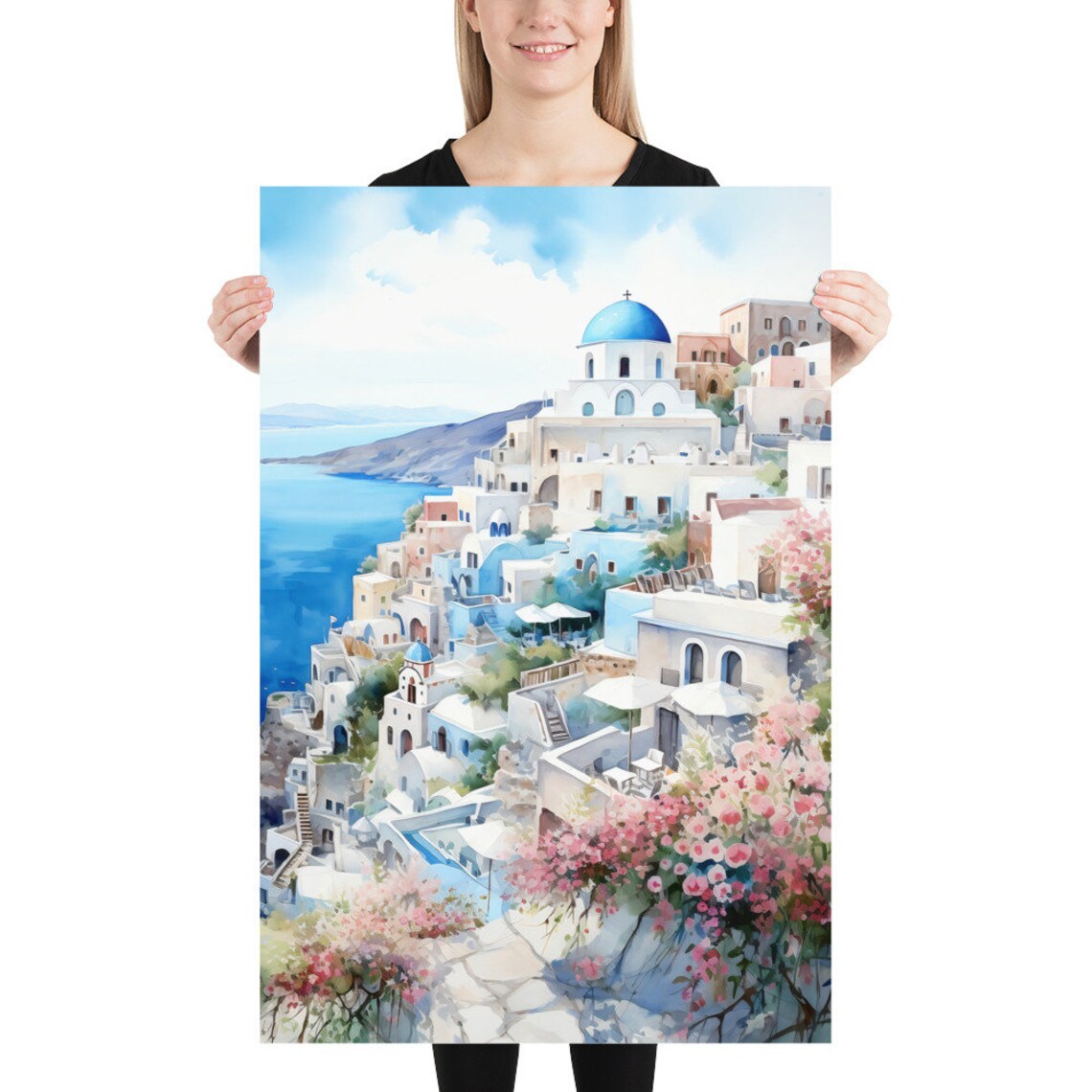 Santorini Watercolor Travel Poster, Greece Wall Art - Image 5