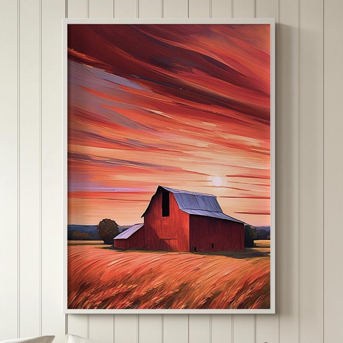 Red Barn At Sunset Golden Wheat Field Dramatic Sky Farm Painting Poster