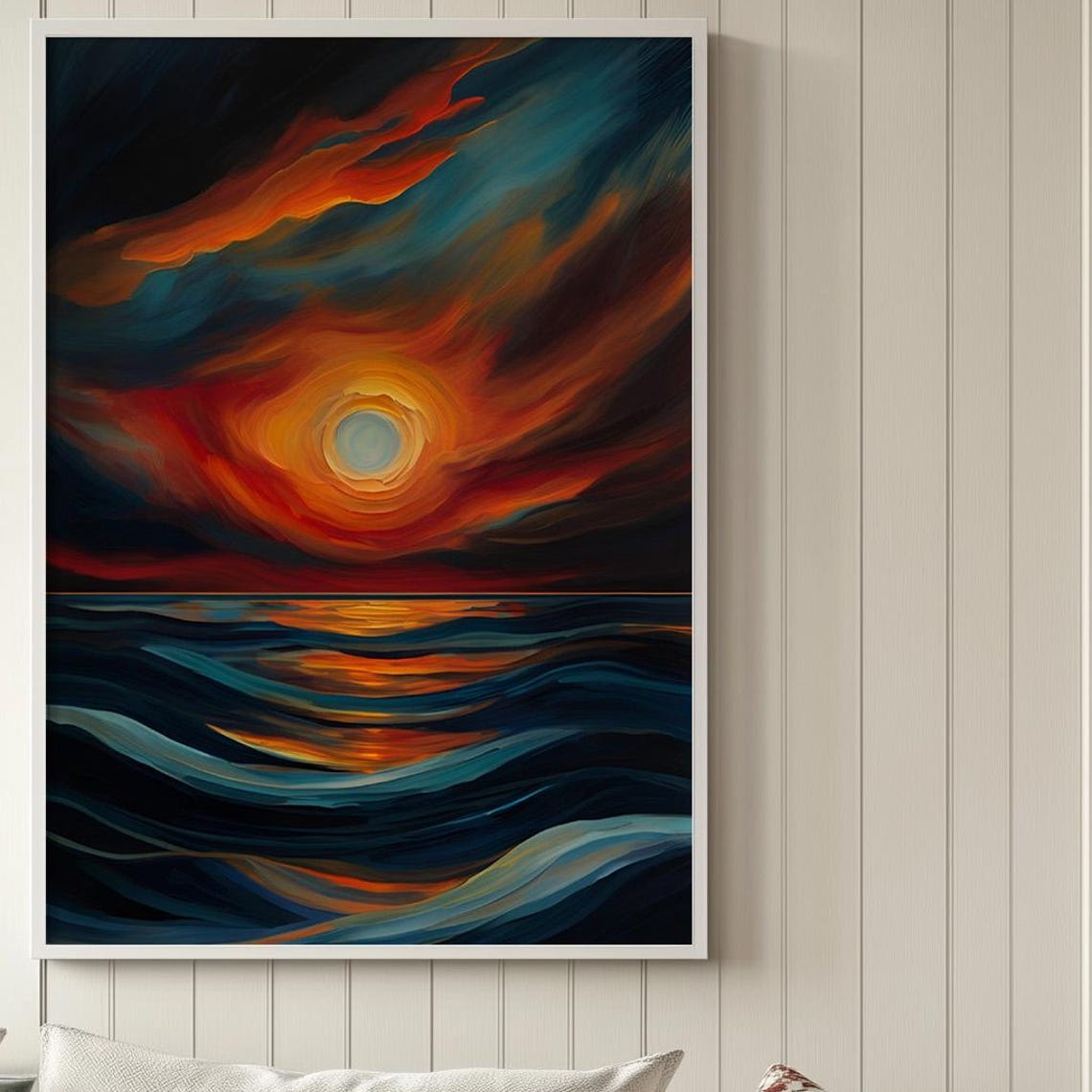 Fiery Orange Sunset Seascape With Bold Waves Dramatic Ocean Wall Art