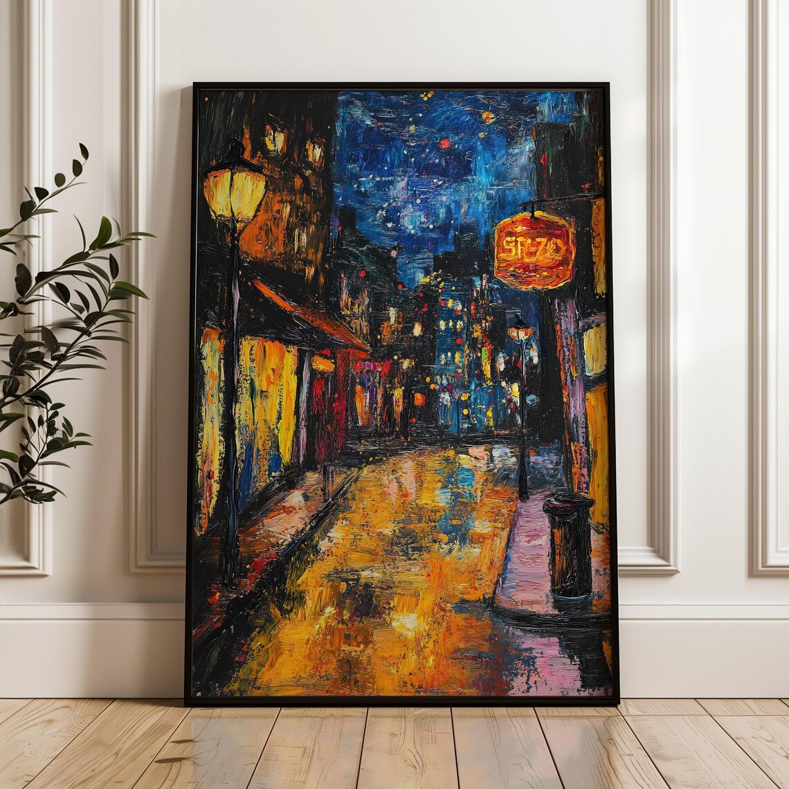 Rainy Night City Street Warm Lamplight Impasto Oil Painting Poster
