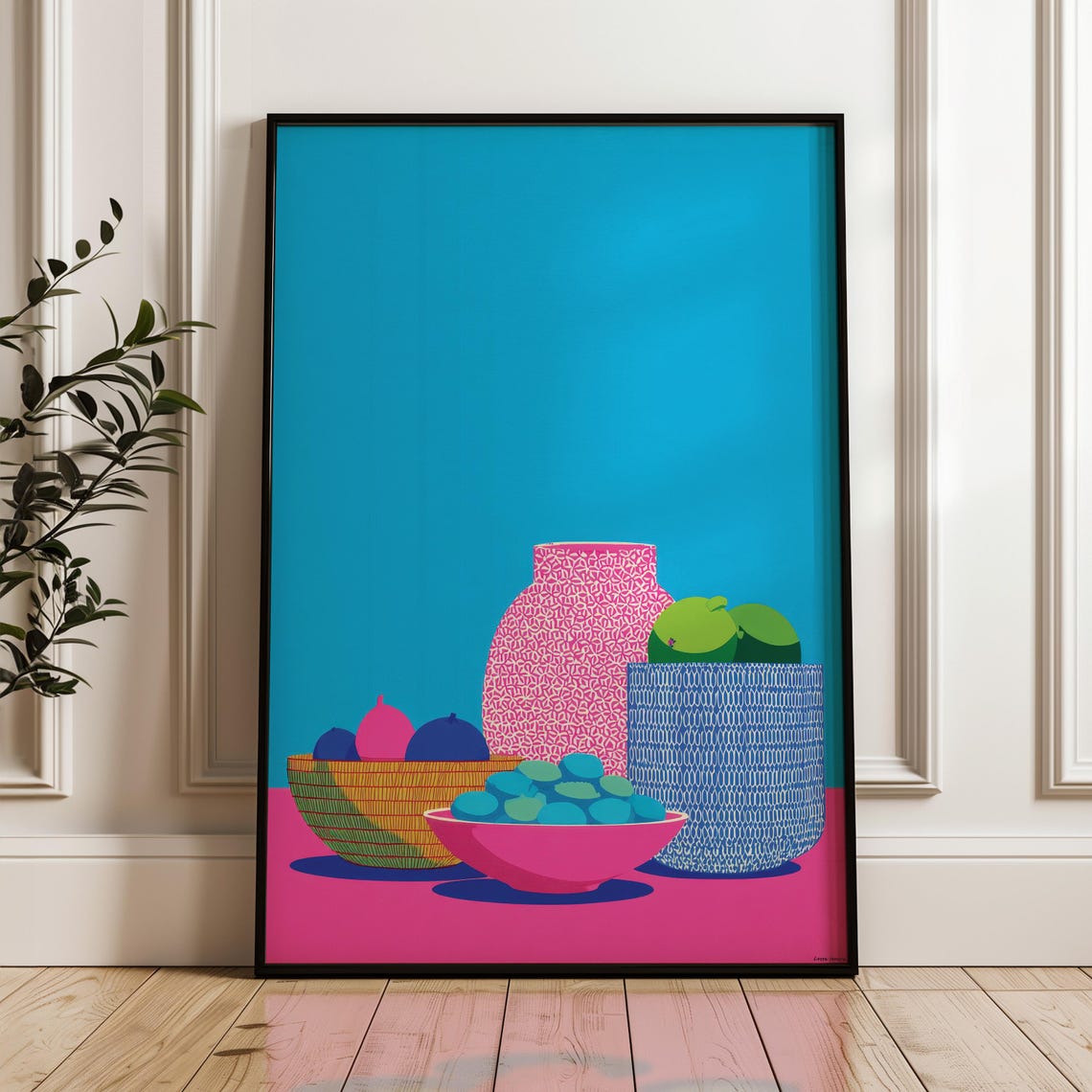 Colorful Kitchen Still Life Fruit Bowls Vases Blue Pink Pop Poster