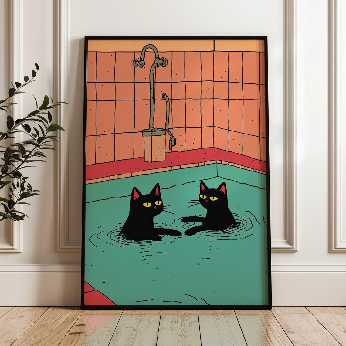 Two Black Cats Bathing In A Retro Tiled Pool Funny Illustration Poster