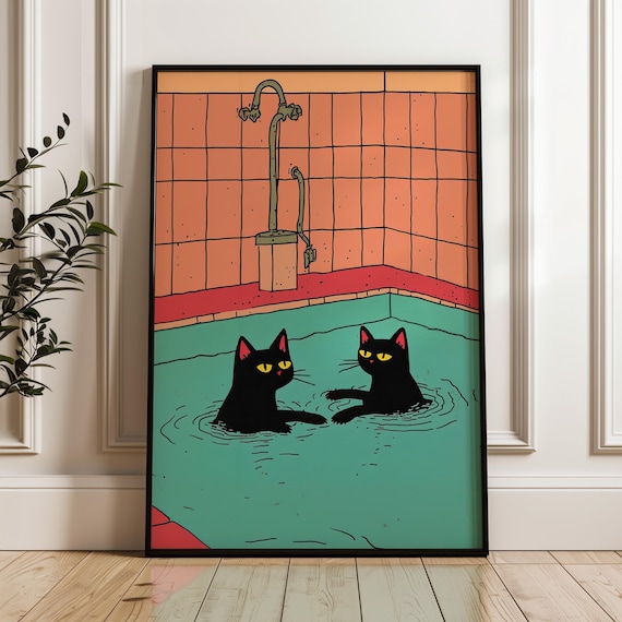 Two Black Cats Bathing In A Retro Tiled Pool Funny Illustration Poster
