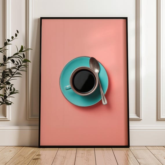 Coffee Art Poster Blue Saucer Cup On Pink Background Print