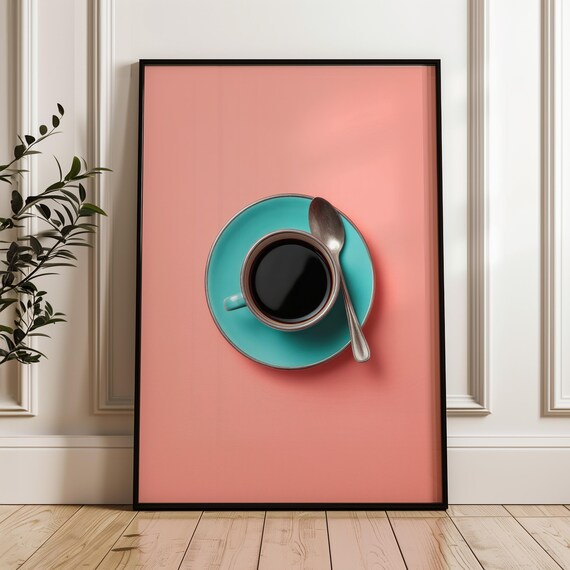 Teal Coffee Cup Bold Pink Background Top-Down Modern Kitchen Poster