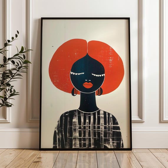 Black Girl Print African Woman Poster Illustration Red And Afro Wall Art Livingroom