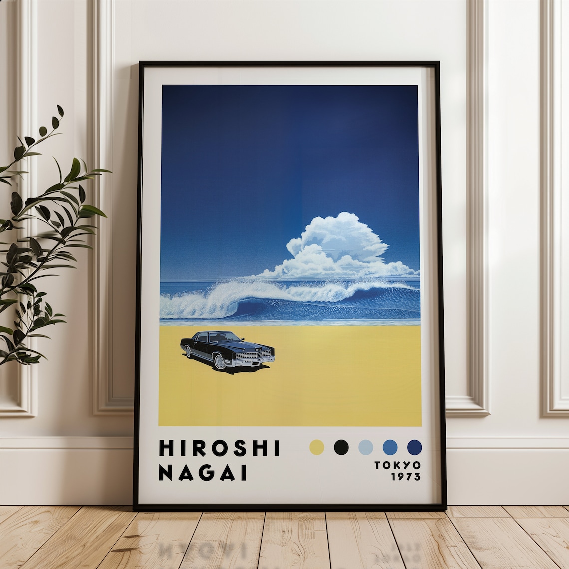 Hiroshi Nagai Black Car On Beach Surf Wave 1975 City Pop Art Poster