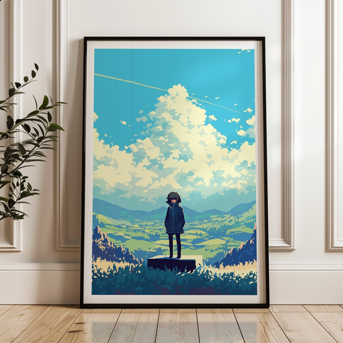 Pixel Art Girl Overlooking Valley Vaporwave Anime Landscape Poster