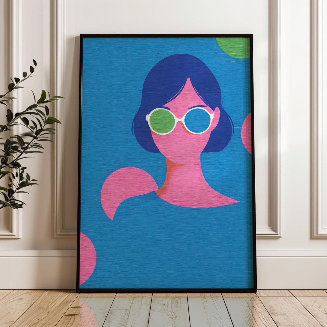 Woman in Round Sunglasses Minimal Blue Pop Art Wall Decor Poster