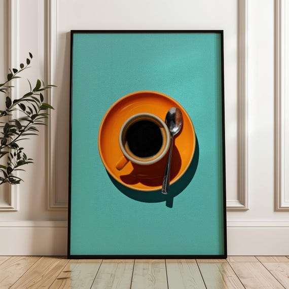 Coffee Art Poster Orange Saucer On Turquoise Background Print