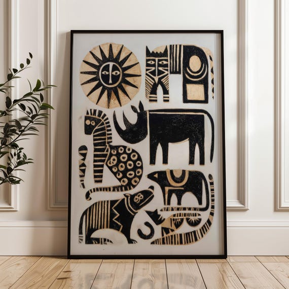Traditional Mexican Animal Poster Black And Gold On Beige Abstract Geometric Folk Art Print