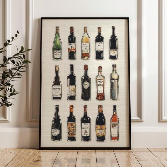 Wine Bottles Reference Chart Handdrawn Vintage Bottles Tasting Room Art Poster