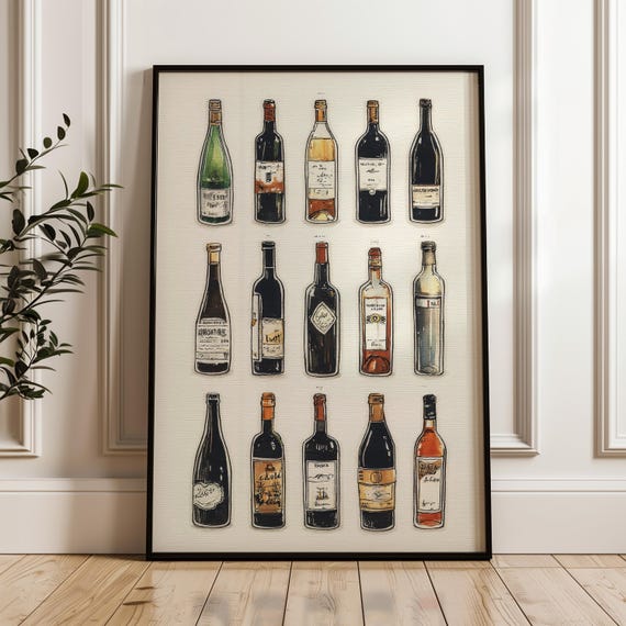 Wine Selection Art Poster Handdrawn Bottles Illustration Print On Matte Paper
