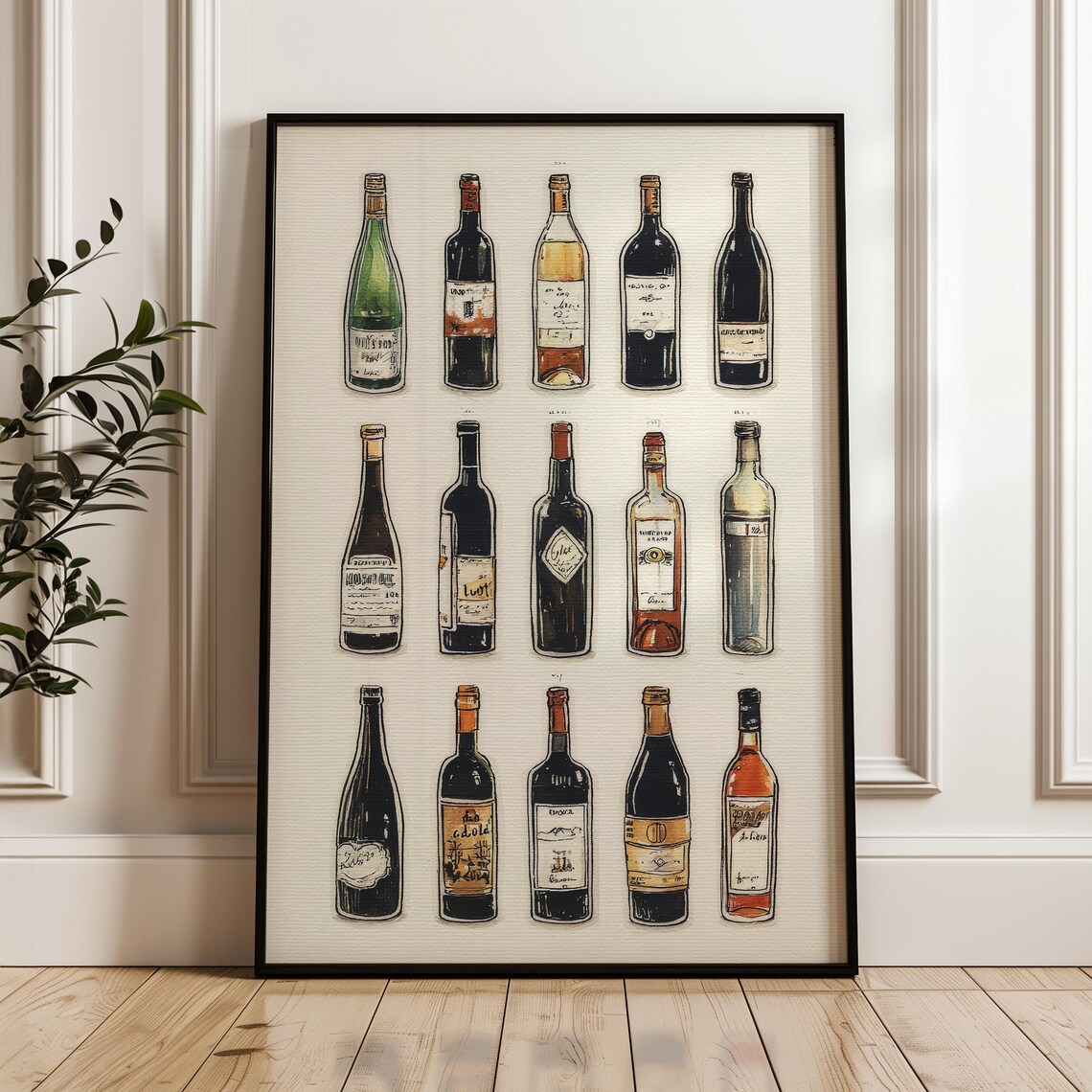 Wine Bottles Reference Chart Handdrawn Vintage Bottles Tasting Room Art Poster