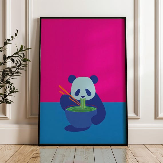 Minimal Panda Eating Noodles Art Print Modern Pop Poster Blue And Pink Wall Decor Playful Home