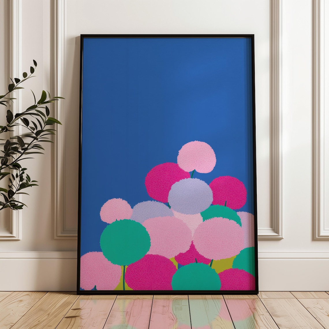 Pink And Green Floral Pom Pom Pop Art Print On Blue Minimalist Style