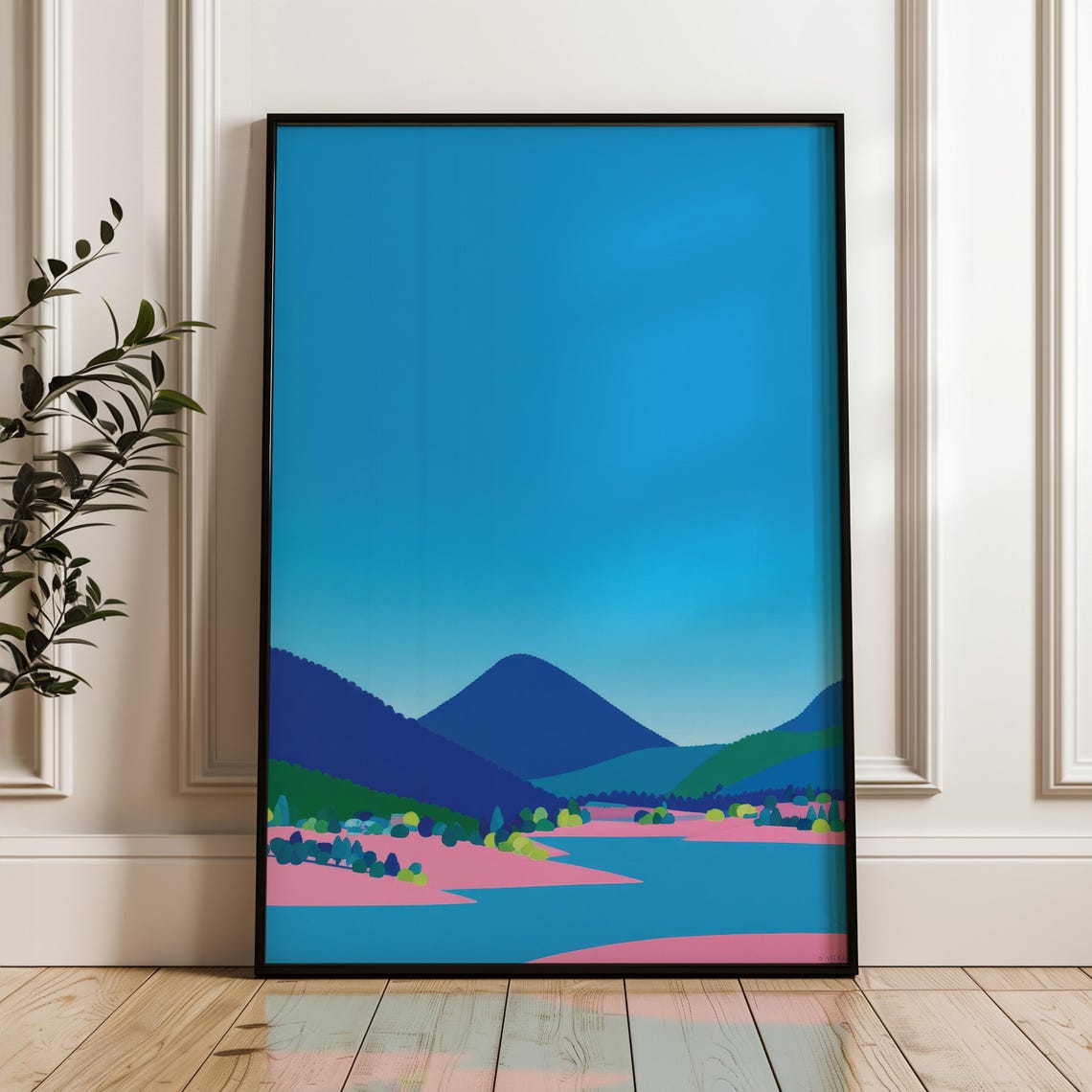 Minimalist Coastal Mountains Lake Blue Pink Pop Art Landscape Poster