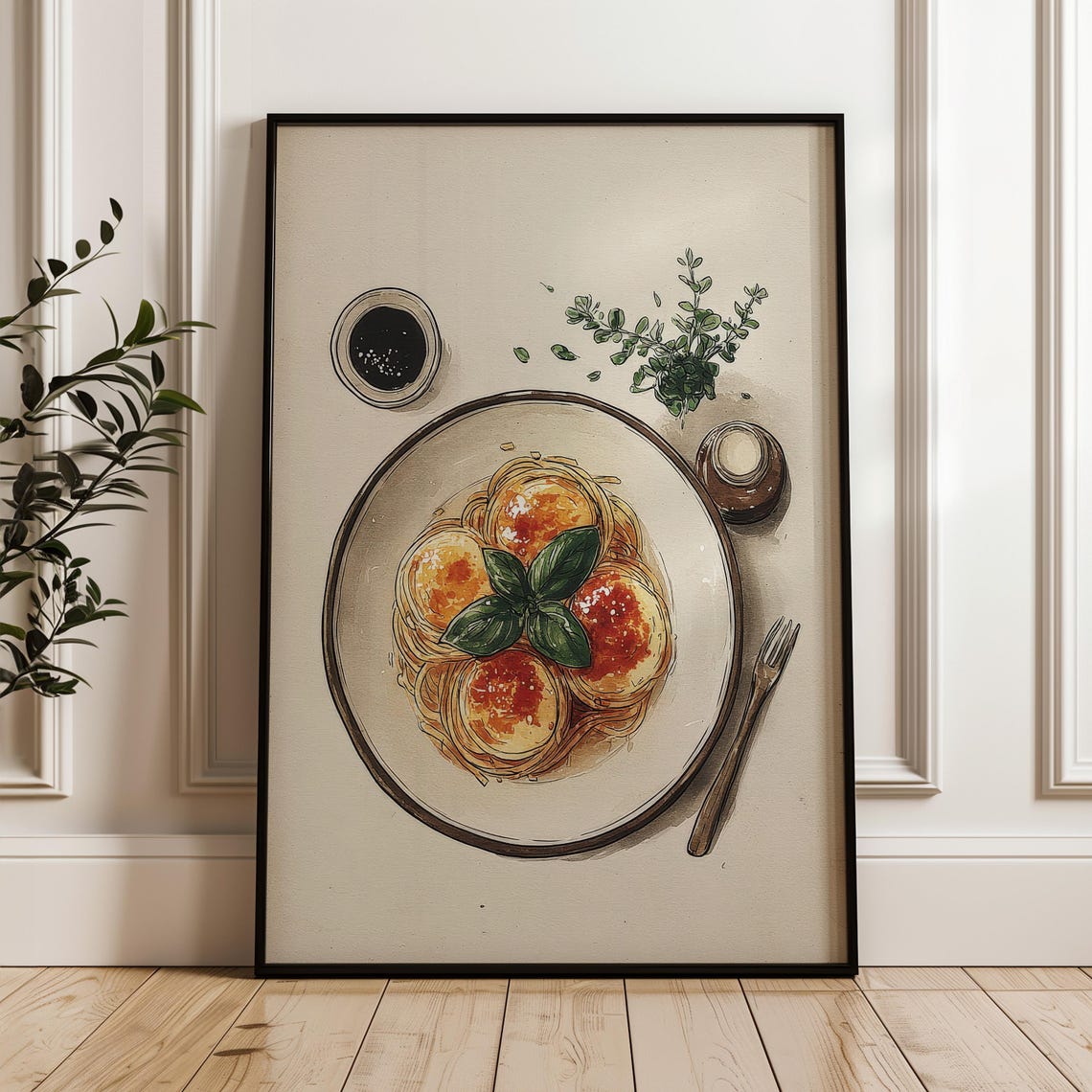 Hand Drawn Pasta Plate Basil Fork Kitchen Illustration Poster
