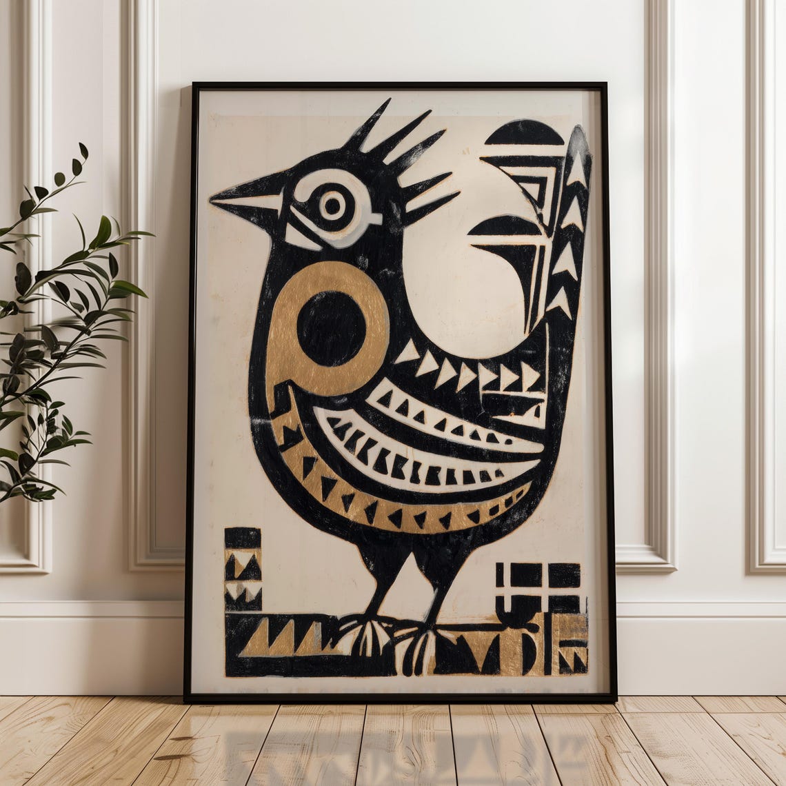Black And Gold Stylized Bird Geometric Tribal Folk Art Poster