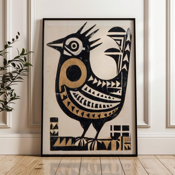 Stylized Bird Poster Black And Gold On Beige Abstract Geometric Folk Art Print