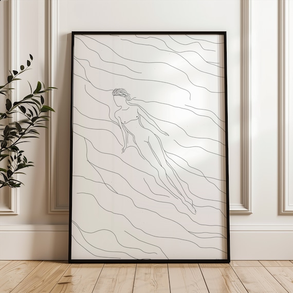 Swimming Woman Floating On Gentle Waves Minimalist Line Art Poster