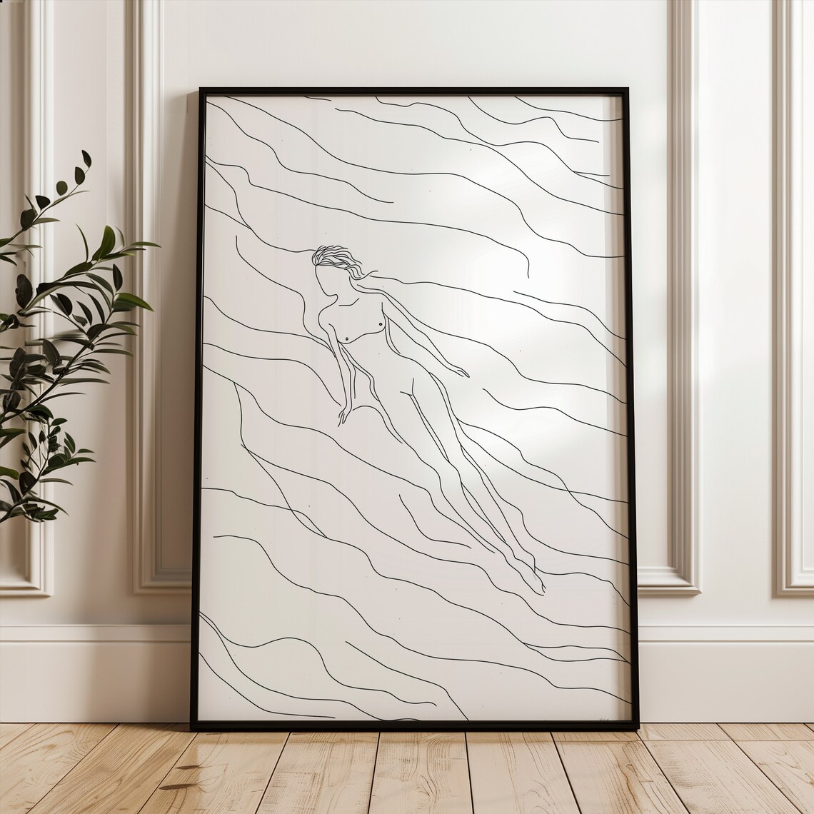 Swimming Woman Floating On Gentle Waves Minimalist Line Art Poster